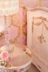 Metallic Pink and Gold Damask Wallpaper | Little Crown Interiors Shop