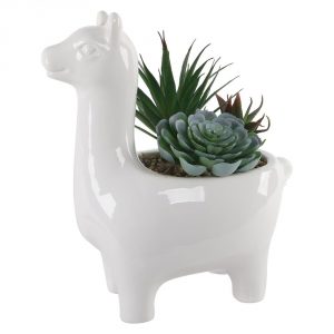 White Llama Planter with Faux Sussuclents