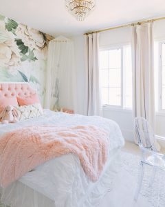 Tall curtains floral girl bedroom