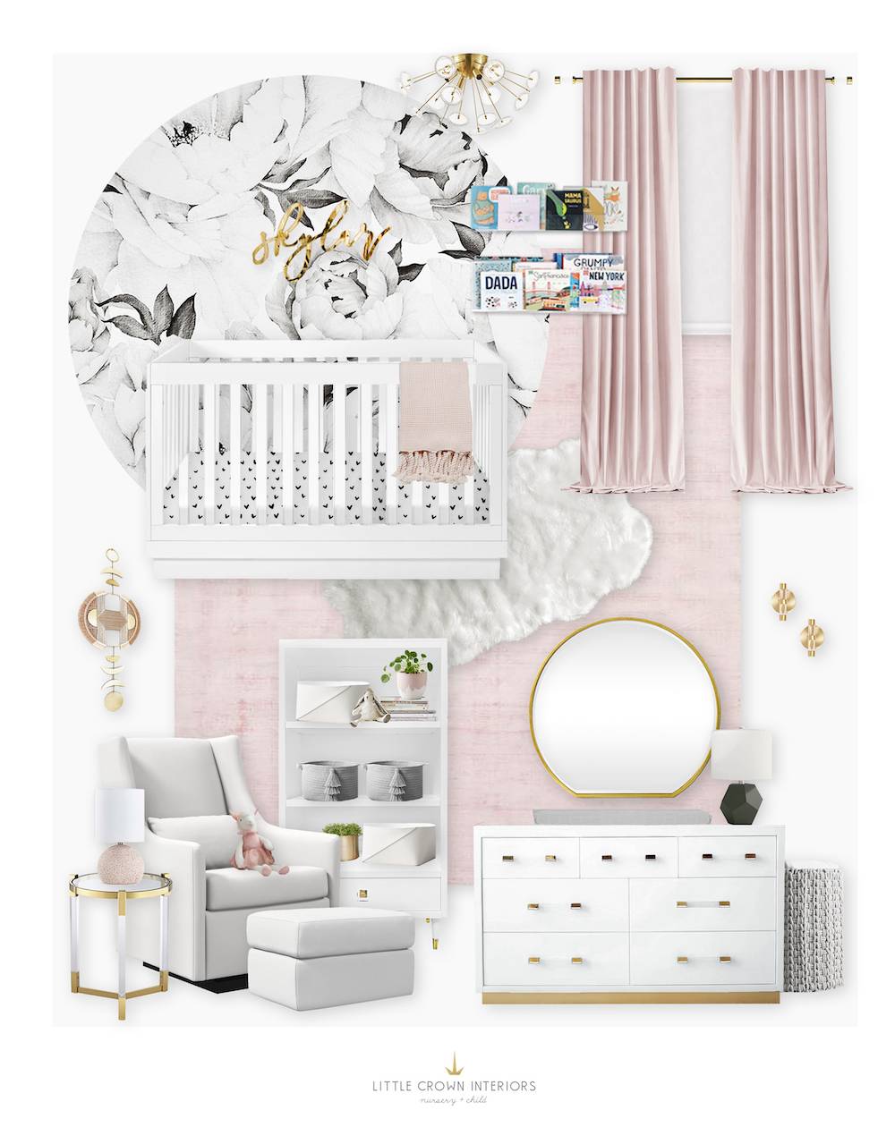 Black and White Floral Nursery with Blush and Gold Details
