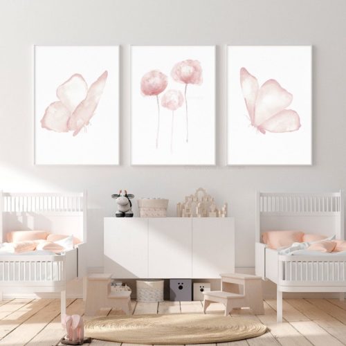 Watercolor like Blush Pink Floral and Butterfly Wall Art