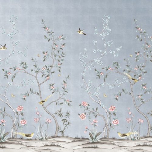 Chinoiserie Wallpaper in Light Blue Metallic sheen