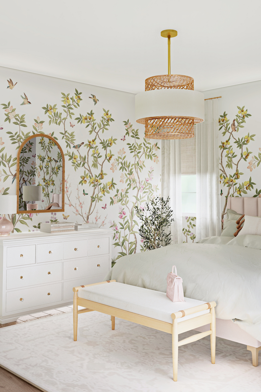 A Girl's Bedroom Design with Chinoiserie Wallpaper - Little Crown Interiors