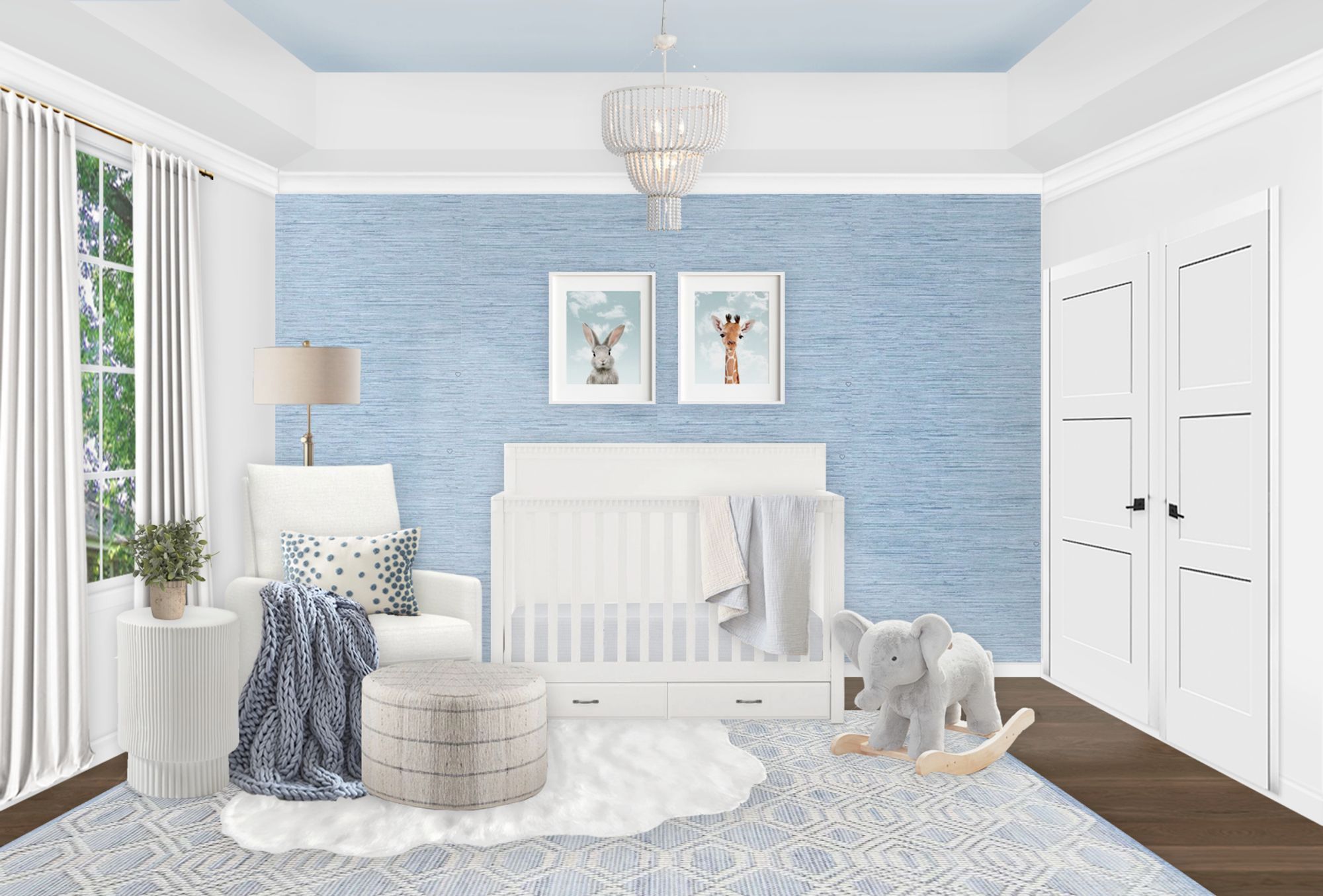 Light Blue Grasscloth Nursery with Subtle Animal Theme