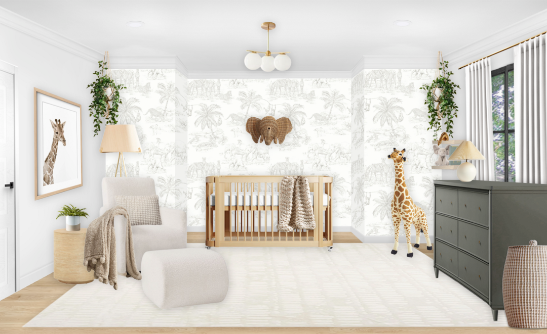 Neutral Nursery E Design with Safari Wallpaper Little Crown Interiors