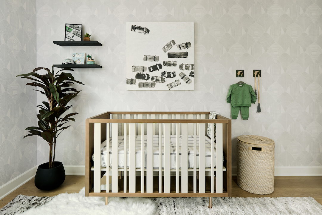 Gray & Green Nursery with Subtle Geometric Wallpaper