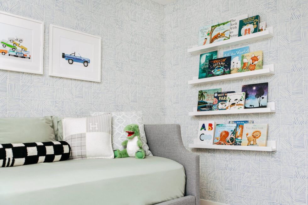 Subtle Blue, Light Gray and Sage Boy's Bedroom Little Crown Interiors