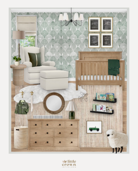 A Dark Green Virtual Nursery Design With Warm Wood - Little Crown Interiors