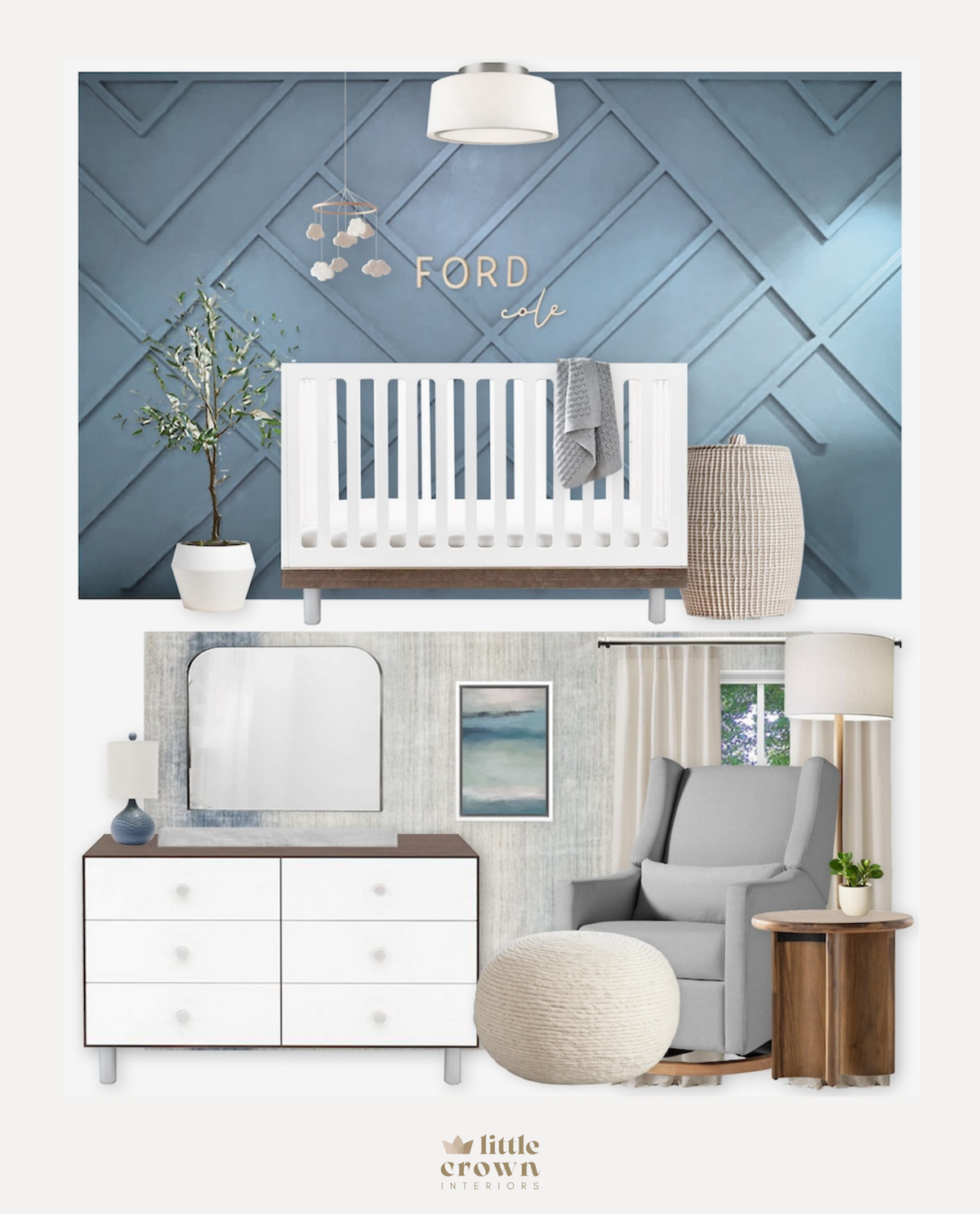 Neutral and Slate Blue Board and Batten Nursery - Little Crown Interiors
