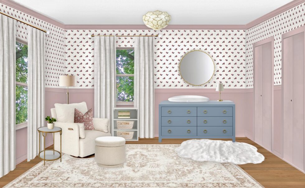Floral Virtual Nursery Design with Mauve Paneling - Little Crown Interiors