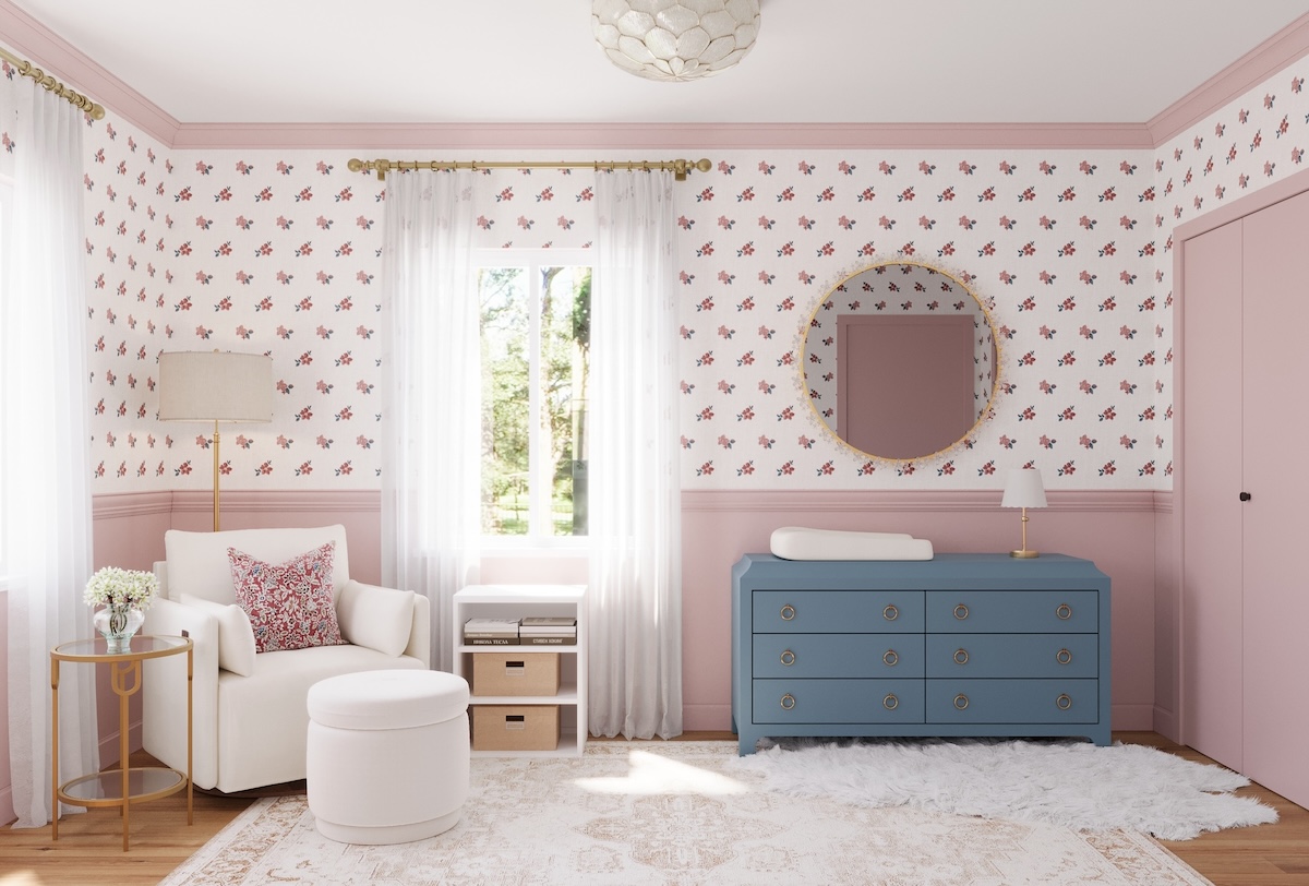 Nursery Design with Mauve Paneling and Floral Wallpaper
