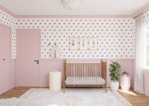 Nursery Design with Mauve Paneling and Floral Wallpaper