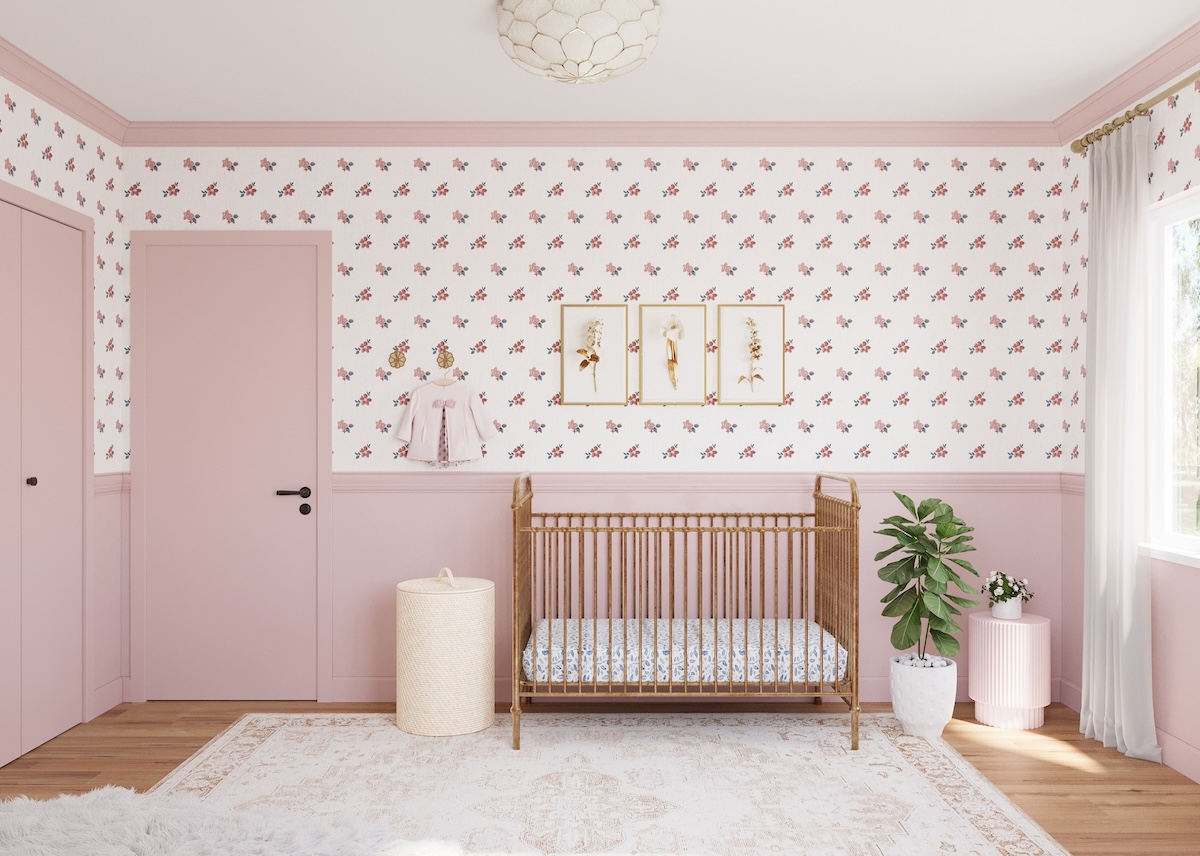 Nursery Design with Mauve Paneling and Floral Wallpaper