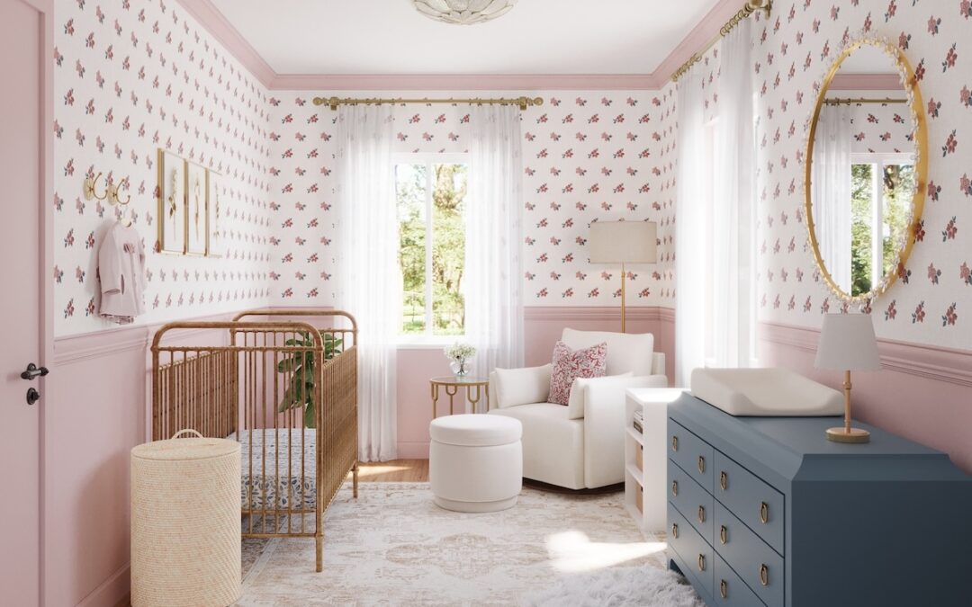Soft Floral Nursery Design with Mauve Paneling