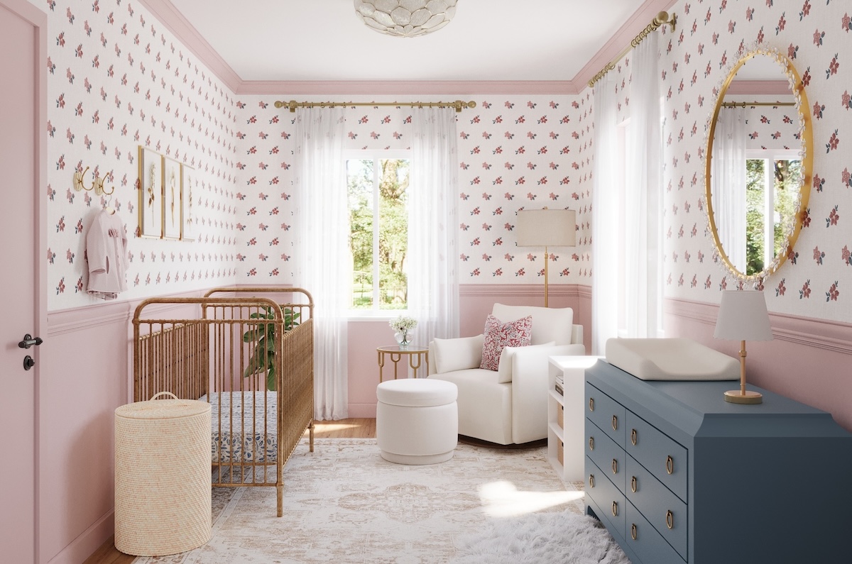Nursery Design with Mauve Paneling and Floral Wallpaper