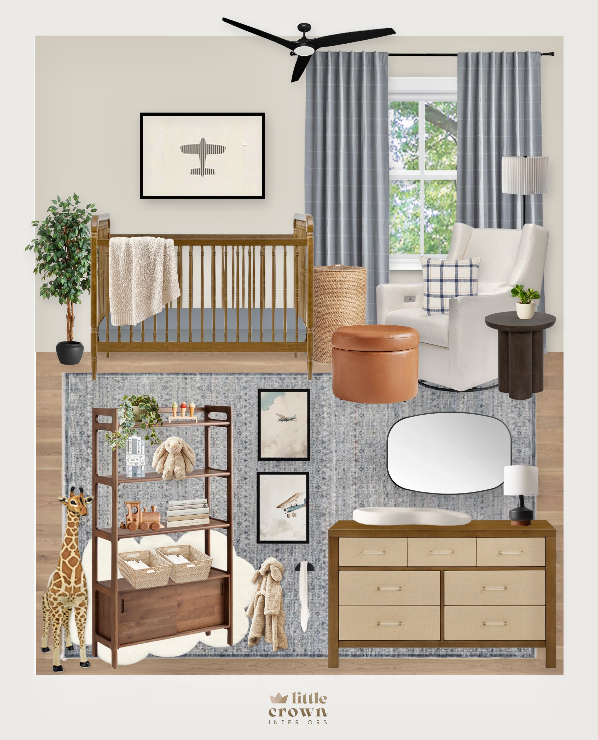 Gray Boy Slate Virtual Nursery Design with Airplane Details