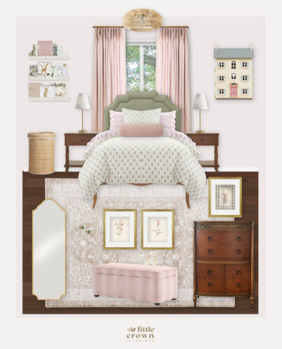 A Feminine Blush and Sage Classic Girls Bedroom