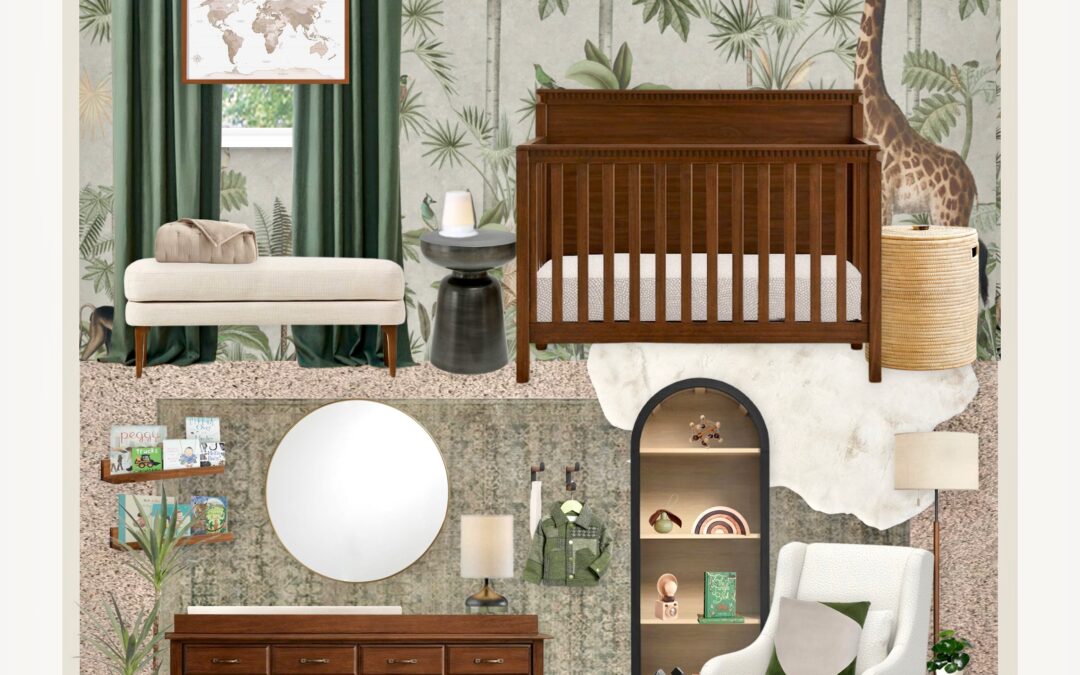 A Green Safari Nursery Design With Giraffe Wallpaper