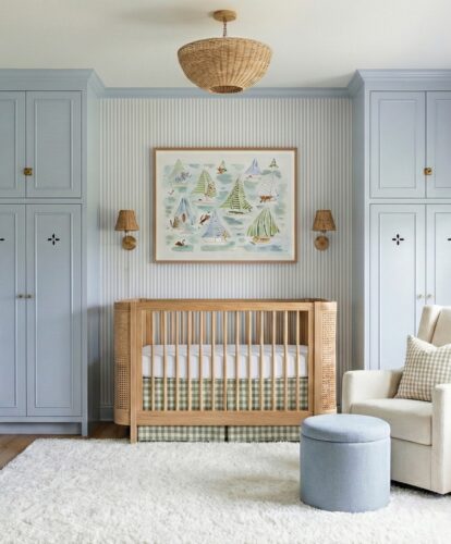 Blue Coastal Nursery Design With Wood Crib