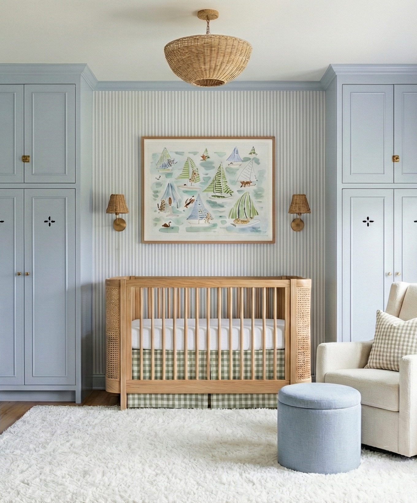 Blue Coastal Nursery Design With Wood Crib