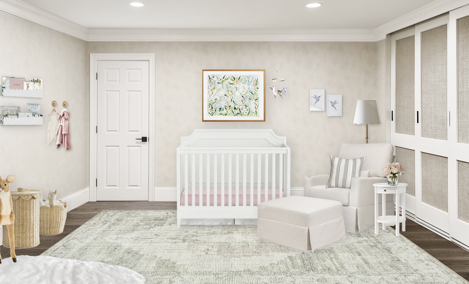 Neutral Virtual Nursery Design with Subtle Bird Theme and a Window Seat