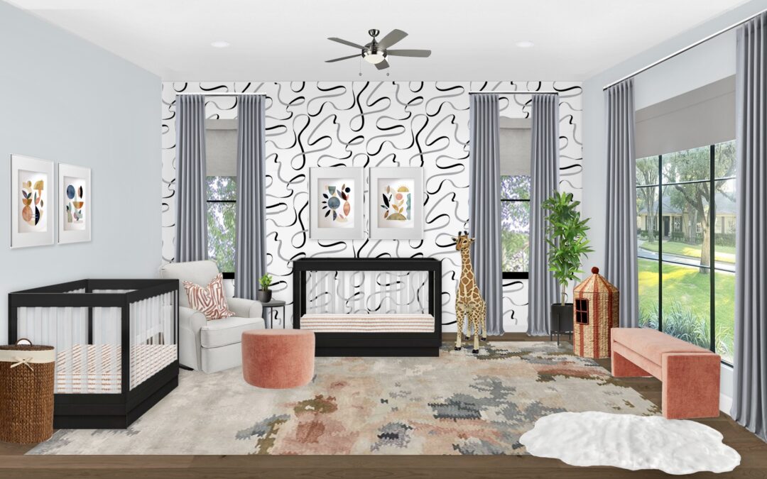Slate Blue Modern Twin’s Nursery With Coral & Black