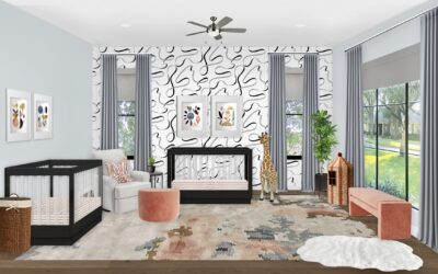 Slate Blue Modern Twin’s Nursery With Coral & Black