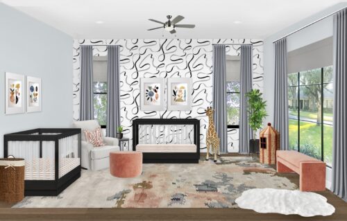 Steel Blue Modern Twin Nursery with Black Contrast and Terracotta Details