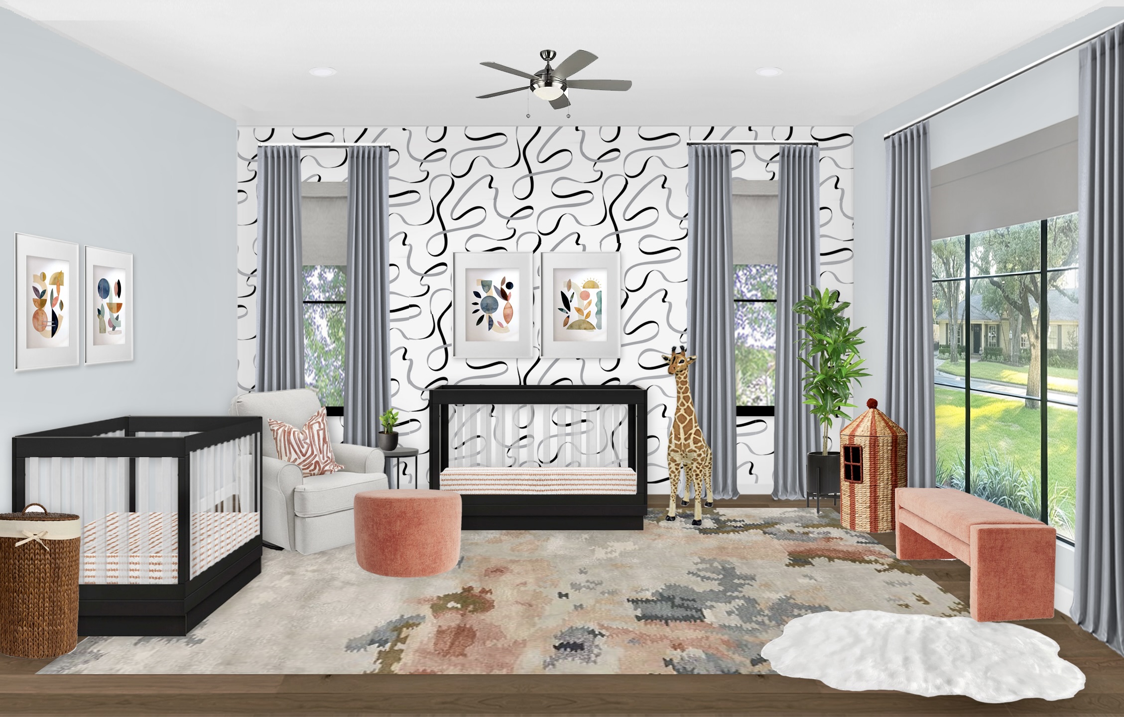 Steel Blue Modern Twin Nursery with Black Contrast and Terracotta Details