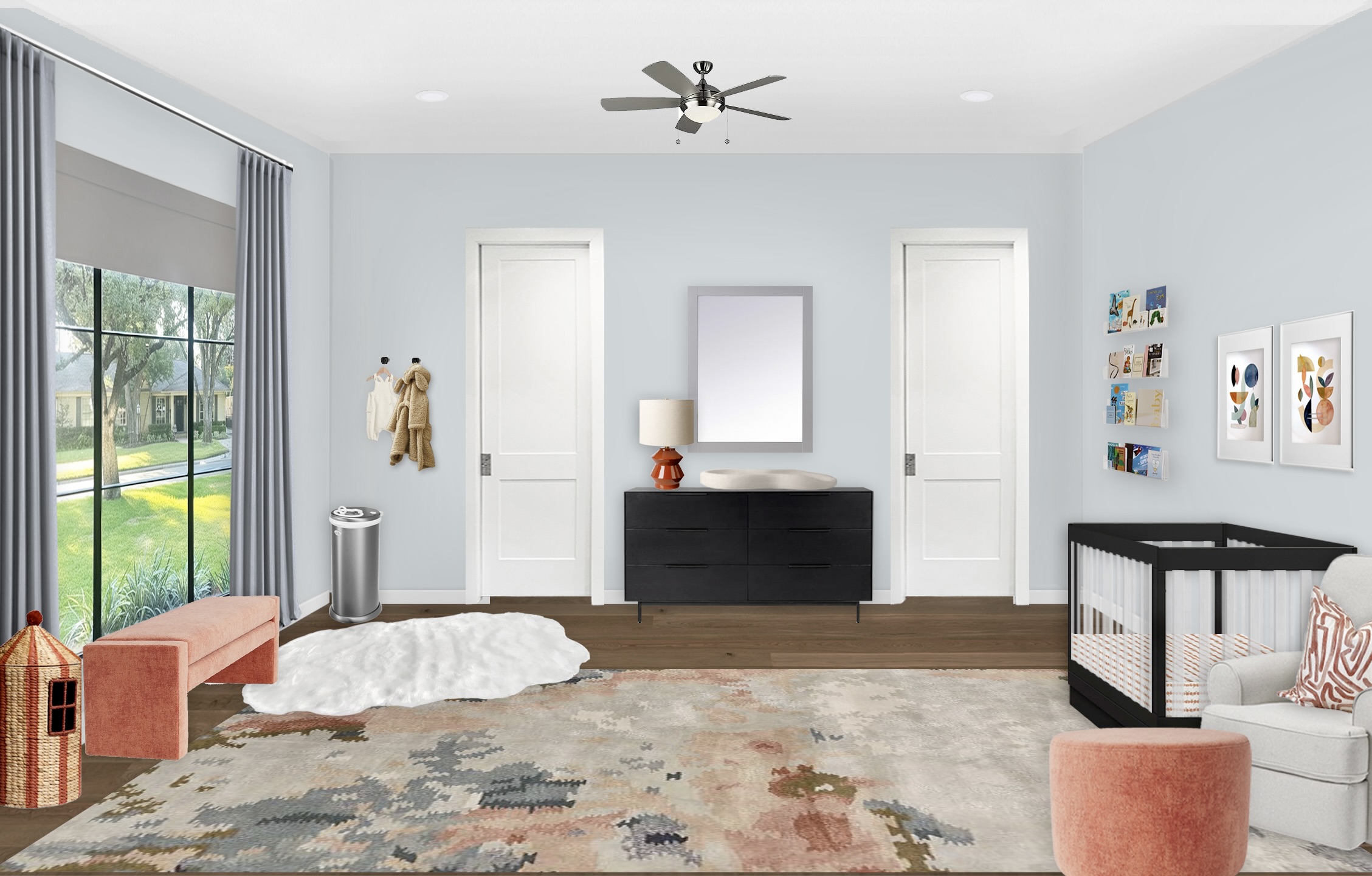 Steel Blue Modern Twin Nursery with Black Contrast and Terracotta Details
