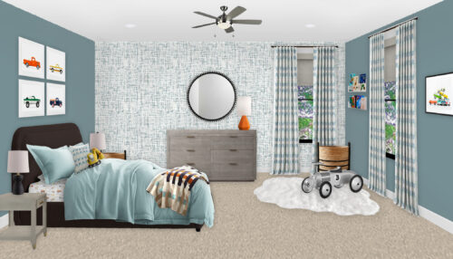 Car themed boy's bedroom with slate blue