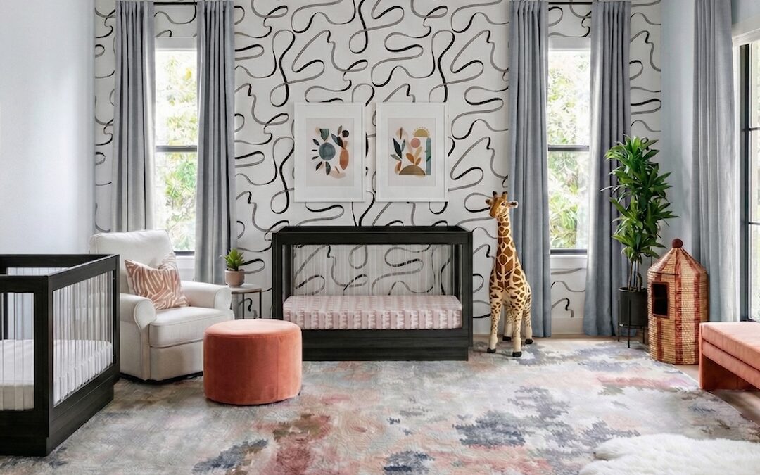 Slate Blue Modern Twin’s Nursery With Coral and Black