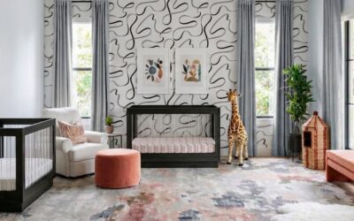 Slate Blue Modern Twin’s Nursery With Coral and Black