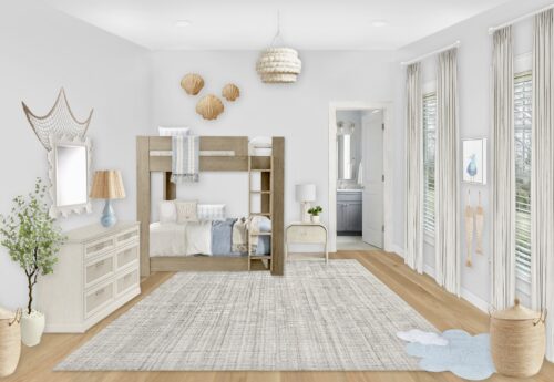 A Coastal Kid's Bunk Bedroom with Soft Blue and Neutrals