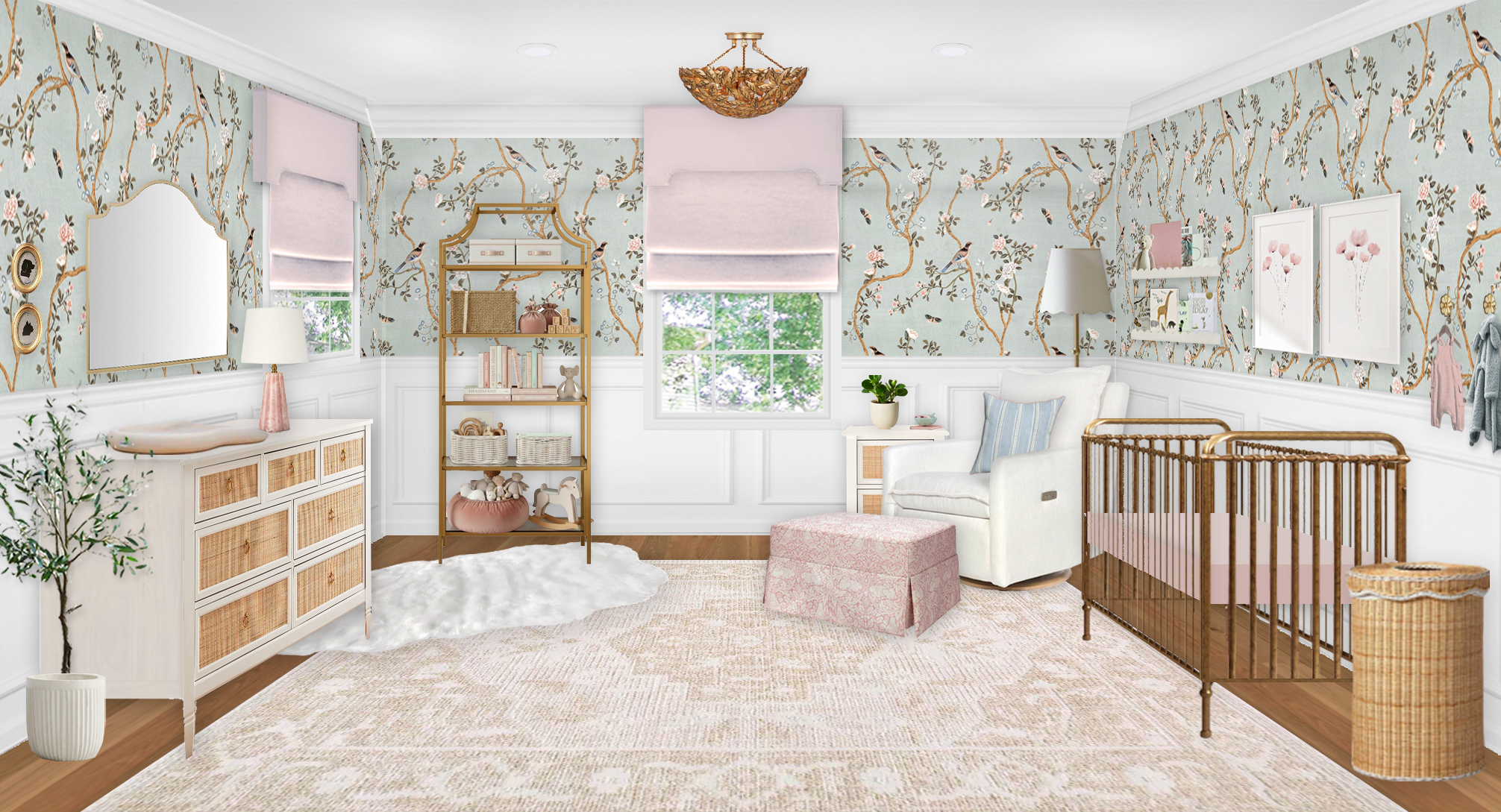 Sweet and Feminine Pastel Nursery Design with Chinoiserie Wallpaper