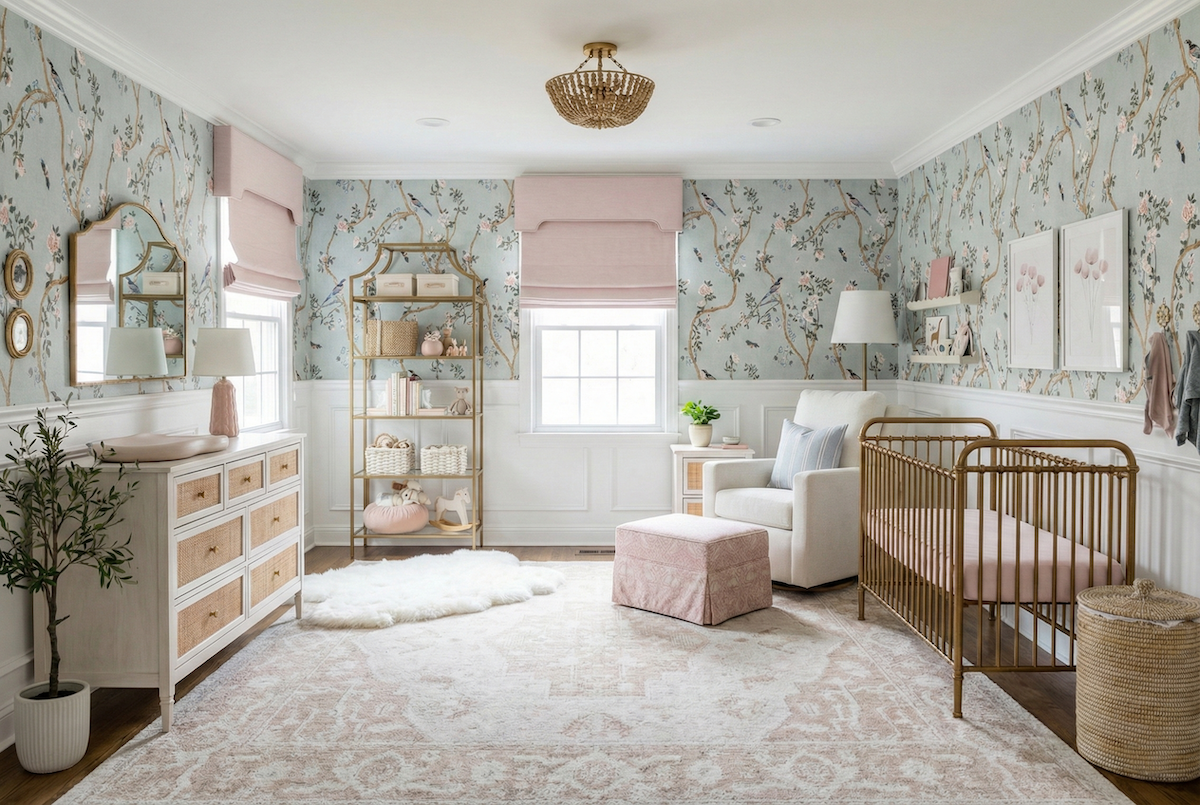 Girl's Nursery with Floral Wallpaper and Wall Paneling