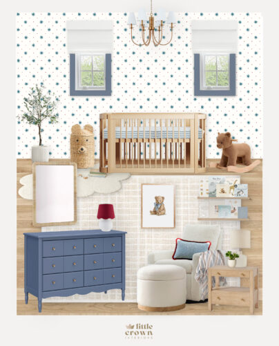 Preppy Blue and Red Boy's Nursery Design With Star Wallpaper