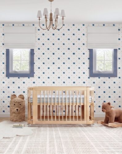 Preppy Blue and Red Boy's Nursery Design With Star Wallpaper