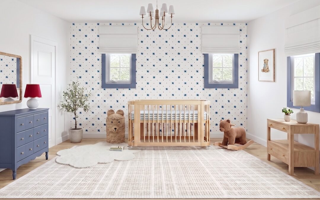 Preppy Blue and Neutral Nursery Design with Bear Accents