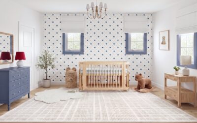 Preppy Blue and Neutral Nursery Design with Bear Accents