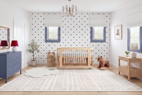 Preppy Blue and Red Boy's Nursery Design With Star Wallpaper