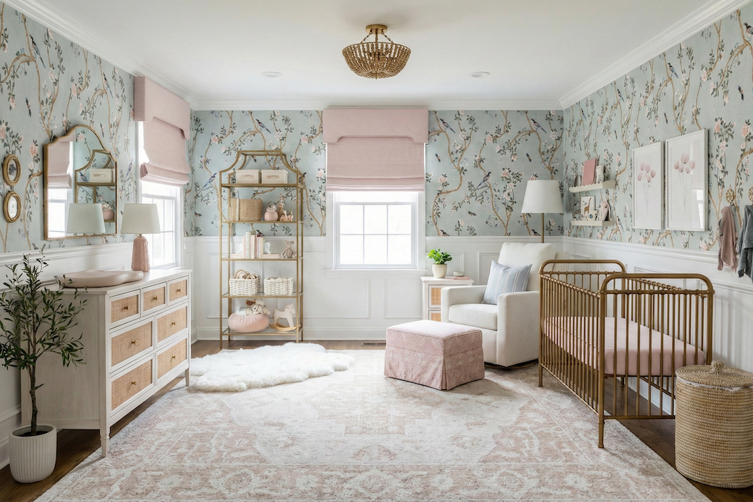 Floral Chinoiserie Blue and Pink Nursery Design