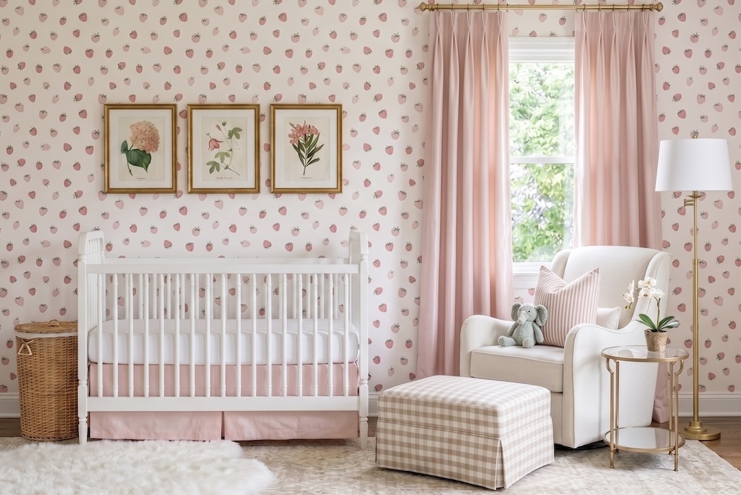 Girl's Nursery Design With Strawberry Wallpaper