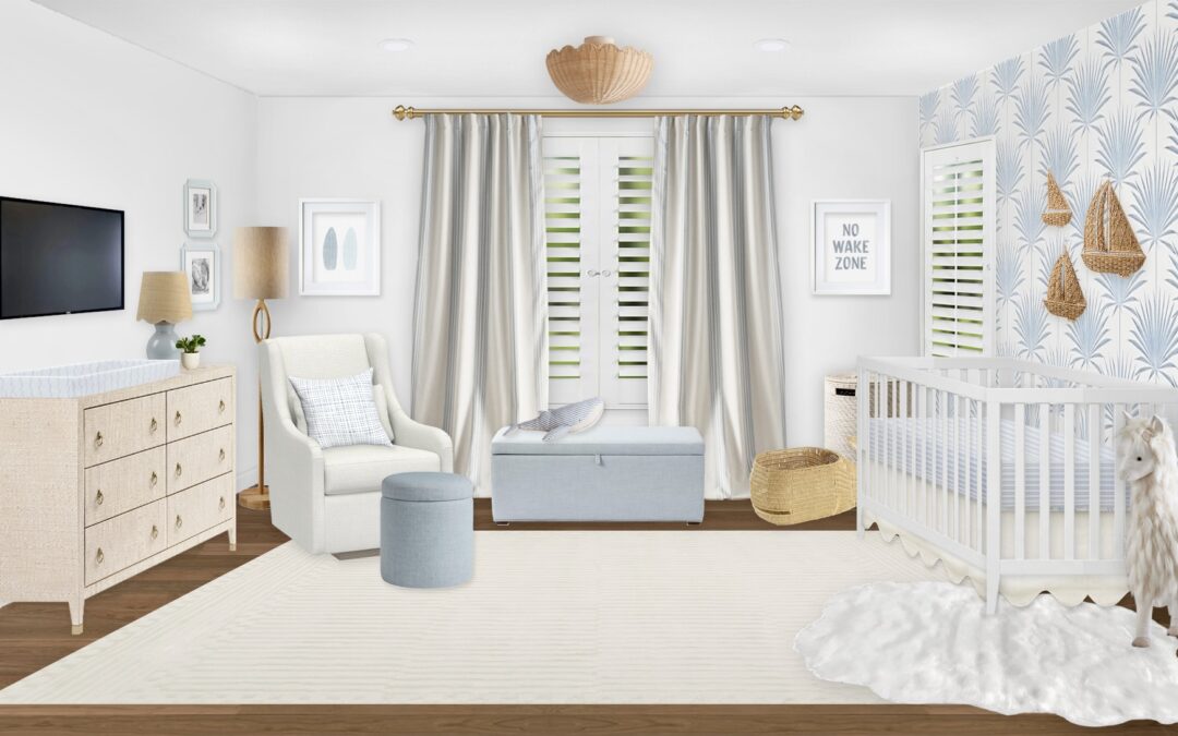 Coastal Nursery Design With Blue and Textured Neutrals