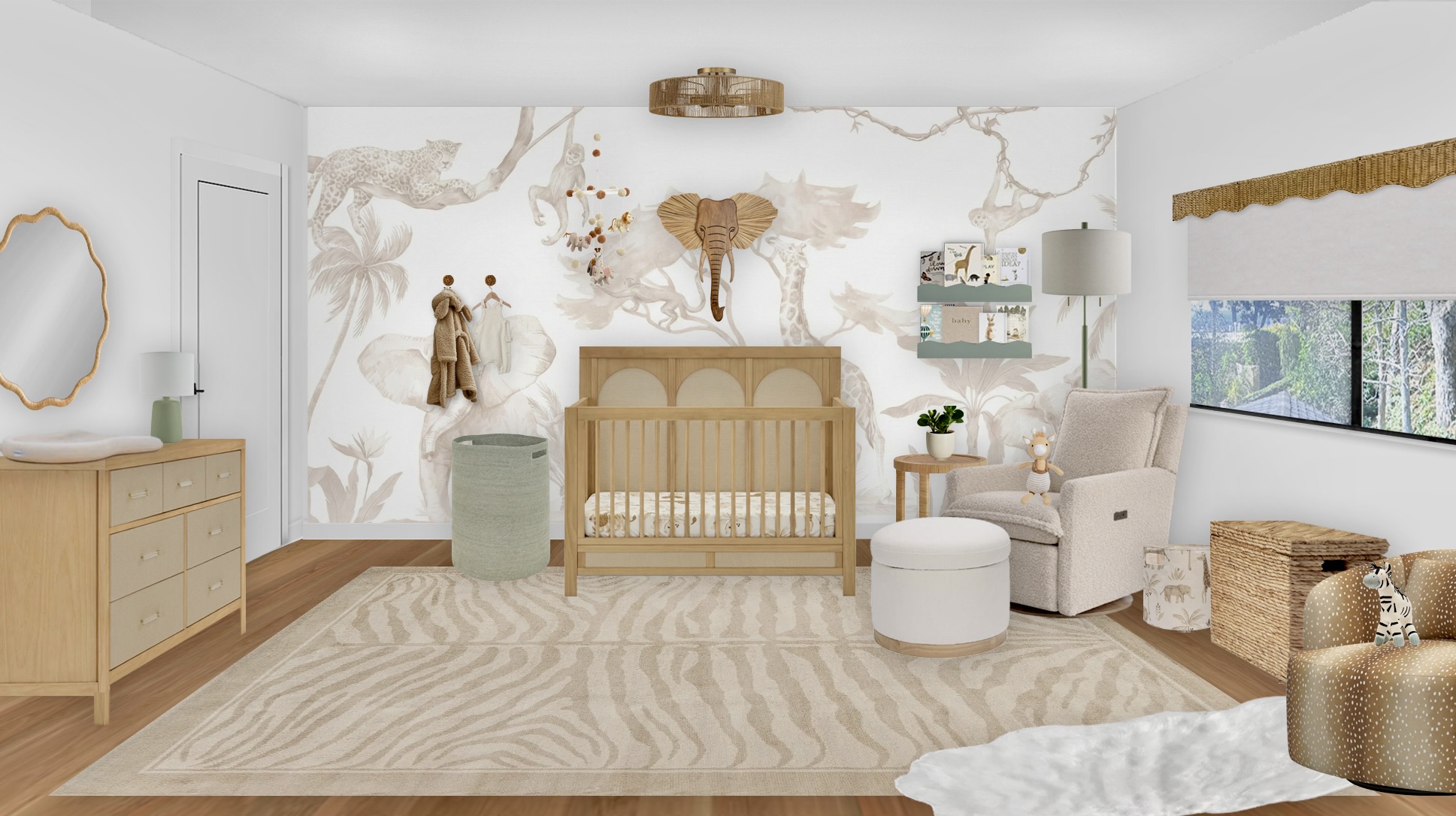 A Safari Theme Nursery With an Animal Wall Mural